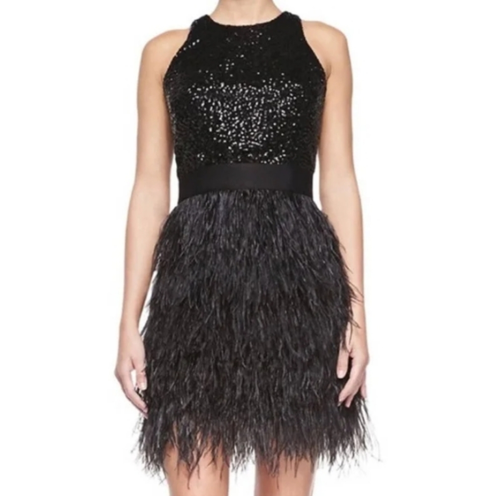 Milly sequin Black Ostrich feather dress 0 cy